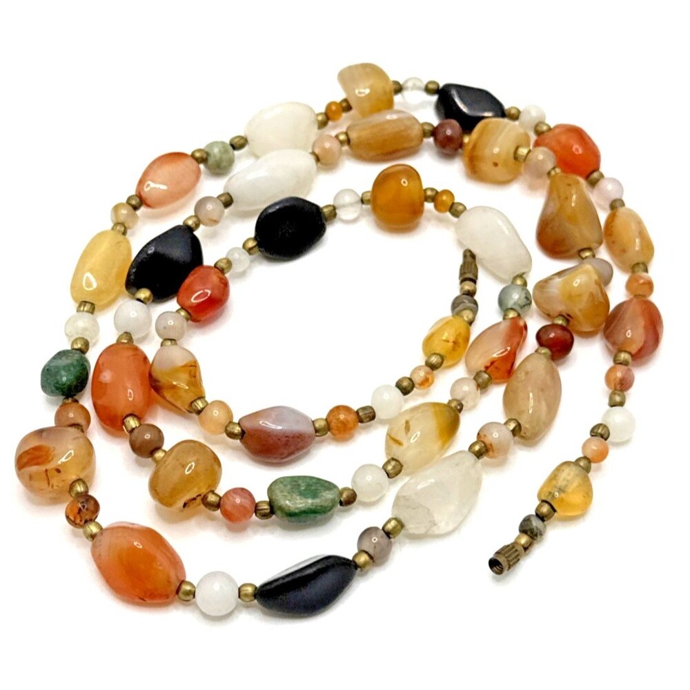 Vintage Semi Precious Stone Bead Necklace Quartz Agates Multicolor 36" Boho - Picture 1 of 9